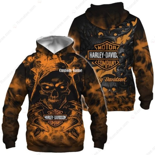 Fierce Skull With Mechanical Harley-Davidson Merch, Swirling Flames and Gears Harley-Davidson 3D T-Shirt Hoodie