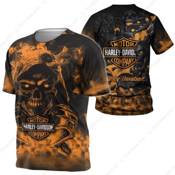 Fierce Skull With Mechanical Harley-Davidson Merch, Swirling Flames and Gears Harley-Davidson 3D T-Shirt Hoodie