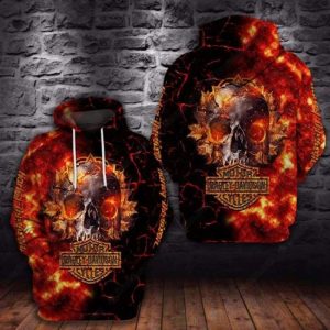 Fiery Glowing Eyes and Flames Harley-Davidson Skull Merch, Fiery Gothic Harley-Davidson Hoodie