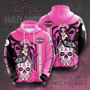 Fight Like A Girl Harley-Davidson Breast Cancer Awareness Hoodie, Sugar Skull with Pink Butterflies 3D All Over Print Hoodie