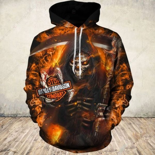 Flaming Grim Reaper Harley-Davidson Shirt, Grim Reaper Black Harley Davidson Motorcycles 3D Hoodie