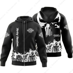 Flaming Skeletons Harley-Davidson 3D Shirt, Harley-Davidson Punisher Hoodie