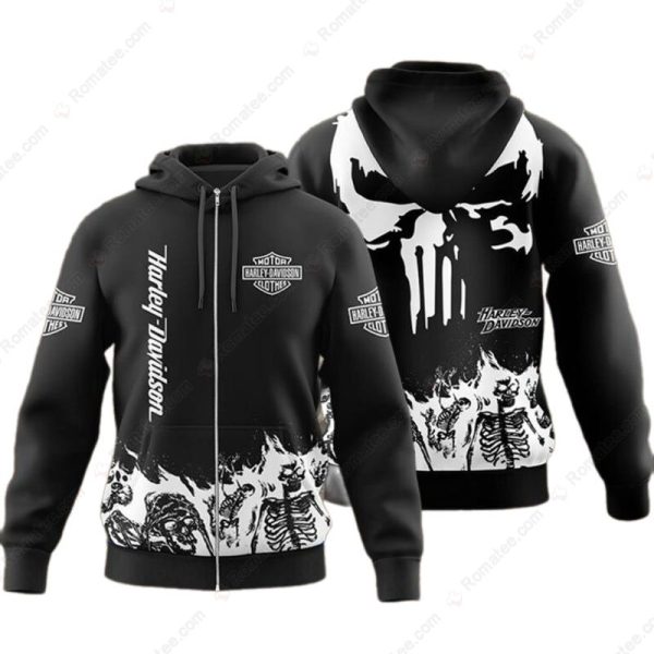 Flaming Skeletons Harley-Davidson 3D Shirt, Harley-Davidson Punisher Hoodie