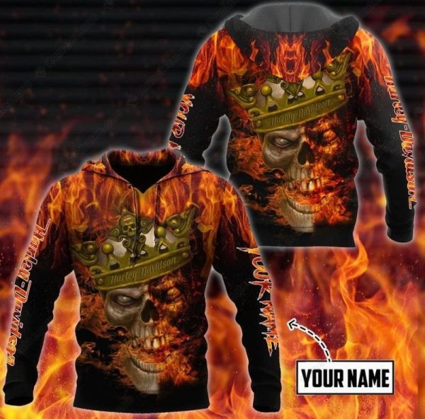 Flaming Skull King Harley-Davidson Hoodie, Bold Black and Orange Harley-Davidson Design