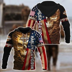 Harley-Davidson American Flag with Camouflage Merch, Harley-Davidson Patriotic Skull Hoodie