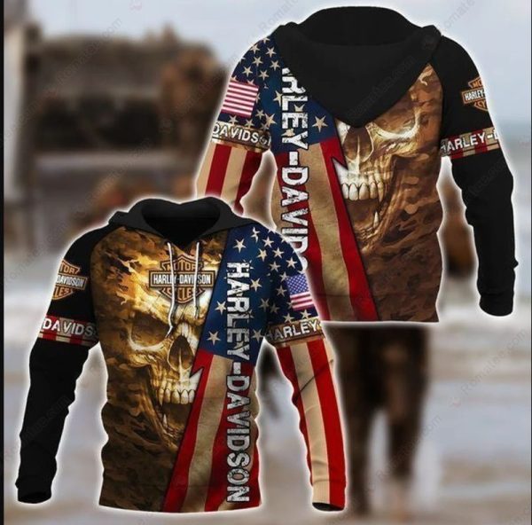 Harley-Davidson American Flag with Camouflage Merch, Harley-Davidson Patriotic Skull Hoodie