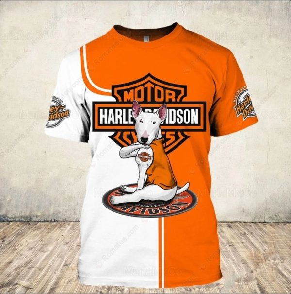 Harley-Davidson Bull Terrier Merch, Bright Orange and White Dog Graphic