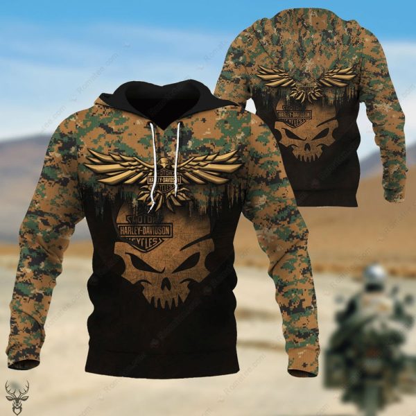 Harley Davidson Camo Skull and Wings Hoodie, Rugged Military-Style Eagle Skull Graphic