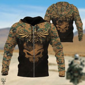 Harley Davidson Camo Skull and Wings Hoodie, Rugged Military-Style Eagle Skull Graphic