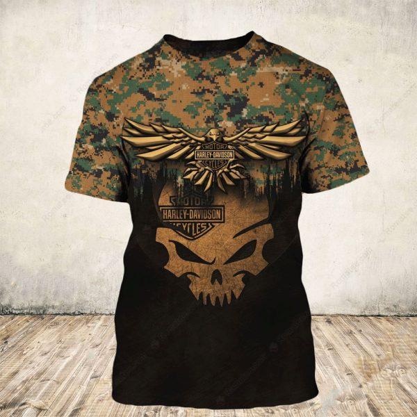 Harley Davidson Camo Skull and Wings Hoodie, Rugged Military-Style Eagle Skull Graphic