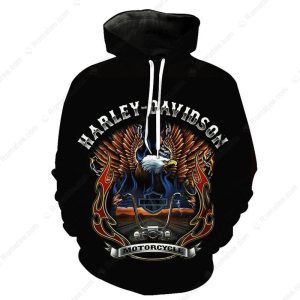 Harley-Davidson Eagle Flames Hoodie, Striking Eagle and Flame Graphics in Black and Orange