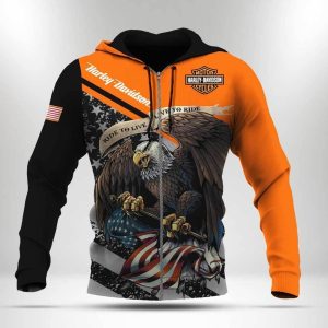 Harley Davidson Eagle Rider Graphic Freedom Hoodie Orange and Black Harley Davidson Patriotic Design 2 zip hoodie