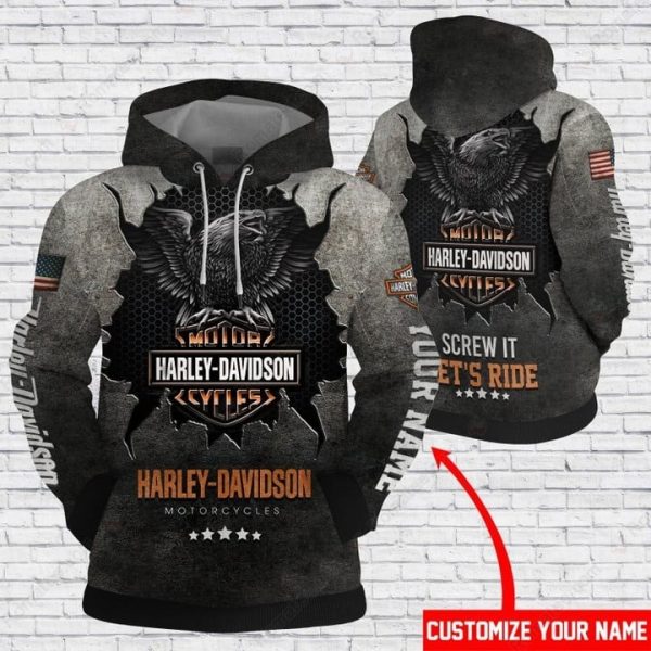 Harley-Davidson Eagle Screw It Let’s Ride Merch, Personalized Eagle and American Flag Graphics Hoodie