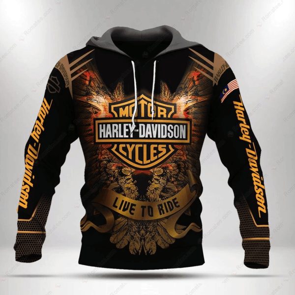 Harley Davidson Eagle Wings And Malaysian Flag Hoodie, Live to Ride Black Harley-Davidson Hoodie