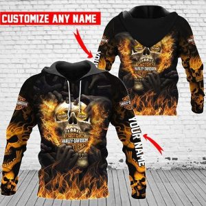 Harley-Davidson Fiery Skull Hoodie, Customizable Design with Flames and Logo