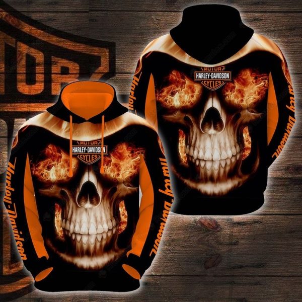 Harley-Davidson Fiery Skull Hoodie, Skull with Flames in Eye Sockets 3D All Over Print