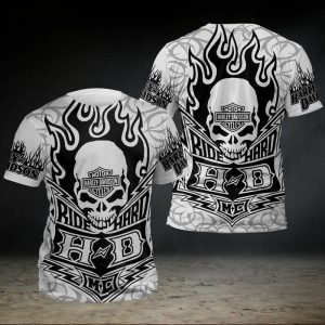 Harley-Davidson Flame Engulfed Skull T-Shirt, Fiery Skull with Iconic Logo and Edgy Style