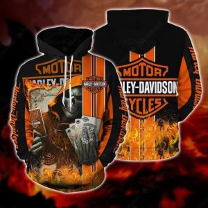 Harley-Davidson Grim Reaper Playing Cards Hoodie, Bold Black Hoodie And Flames Design