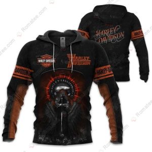 Harley-Davidson Grim Reaper Winged Hoodie, Black and Orange Harley-Davidson Hoodie with Knight and Sword