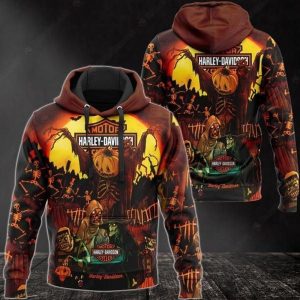 Harley-Davidson Halloween Hoodie,  Scarecrow with Pumpkin Head and Skeletons Design