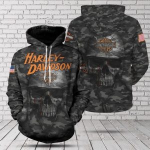 Harley Davidson Mighty Warrior Hoodie, Skull Helmet Harley-Davidson Camouflage 3D All Over Print Hoodie