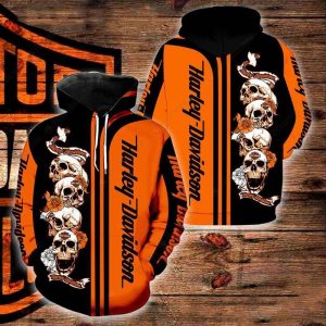 Harley-Davidson Orange Hoodie Skulls Roses 3D All Over Print Hoodie