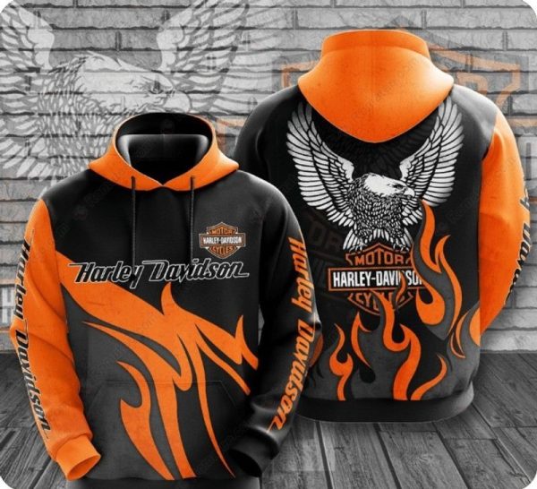 Harley-Davidson Powerfull Eagle and Flames Hoodie, Edgy Black Harley-Davidson Hoodie