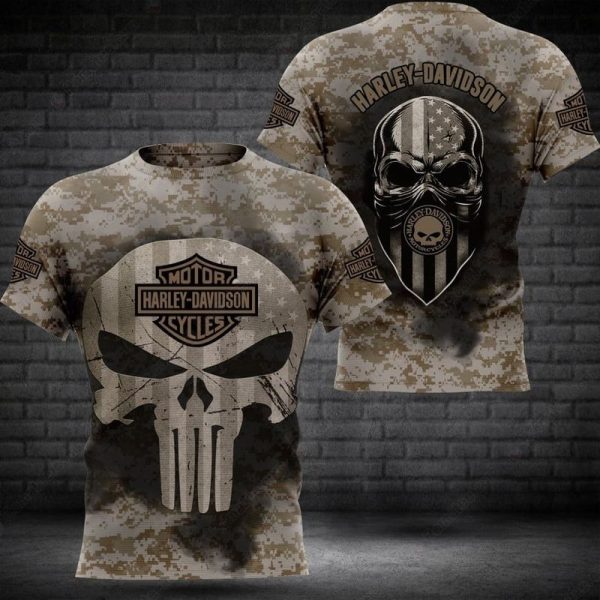 Harley-Davidson Punisher American Flag And Camouflage Design, Military-Inspired Harley-Davidson T-Shirt