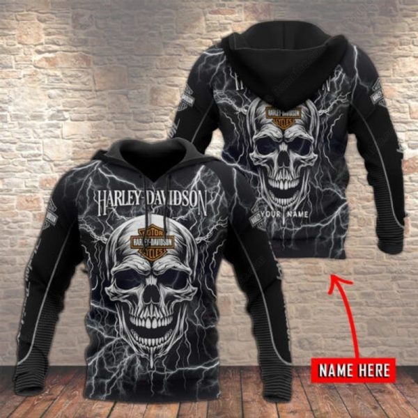 Harley-Davidson Skull And Lightning Bolt Hoodie,  Personalized Harley-Davidson Skull 3D Hoodie