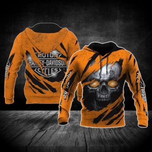 Harley Davidson Skull Claw Graphic Hoodie Orange with Glowing Eyes Design 1 hoodie