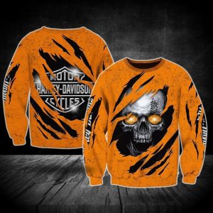 Harley Davidson Skull Claw Graphic Hoodie Orange with Glowing Eyes Design 2 long sleeve