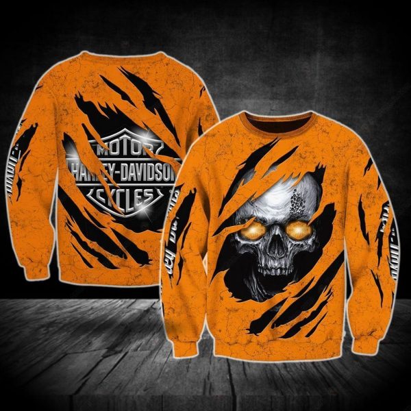 Harley Davidson Skull Claw Graphic Hoodie, Orange with Glowing Eyes Design