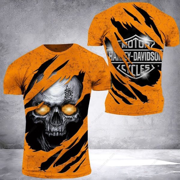 Harley Davidson Skull Claw Graphic Hoodie, Orange with Glowing Eyes Design