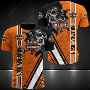 Harley-Davidson Skull Graphic T-Shirt, Edgy Orange Design with Stripes