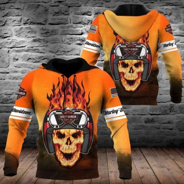 Harley-Davidson Skull Helmet Hoodie, Black and Orange Harley Davidson Flames Hoodie