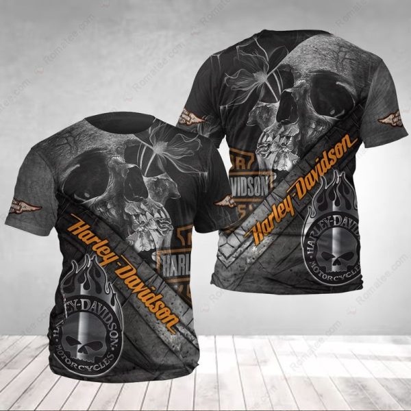 Harley-Davidson Skull Hoodie, Flames Skull and Floral Motorcycle 3D T-Shirt