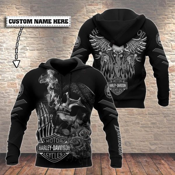 Harley-Davidson Skull Smoking Hoodie, Rose Skull Winged and Flame Harley-Davidson 3D All Over Print Hoodie