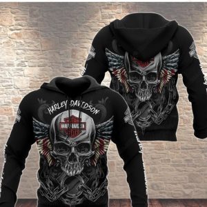 Harley-Davidson Skull Winged Hoodie, American Flag And Chains Pullover