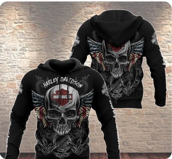 Harley-Davidson Skull Winged Hoodie, American Flag And Chains Pullover