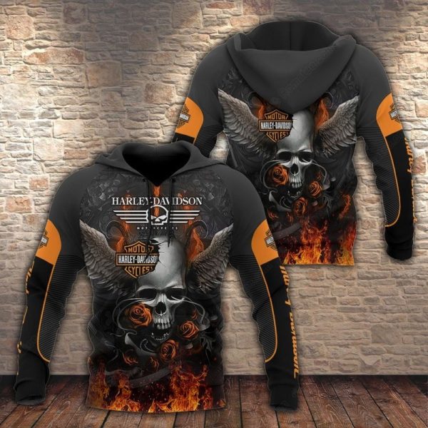 Harley-Davidson Skull Winged and Roses Hoodie, Flames Harley-Davidson 3D Vintage All Over Print Hoodie