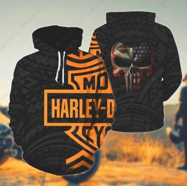 Harley-Davidson Tribal Punisher Skull Hoodie, Patriotic American Flag Design