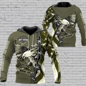 Live to Ride Ride to Live Harley-Davidson Patriotic Eagle Hoodie, Olive Green with Eagle and Flames Graphic