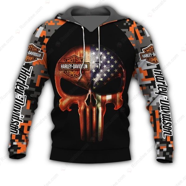 Patriotic American Flag Punisher Skull Harley-Davidson 3D All Over Print Hoodie