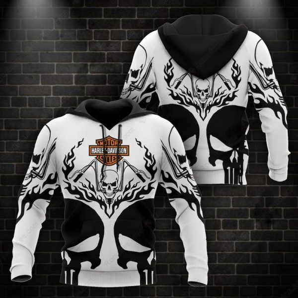 Personalized Harley-Davidson Punisher Skull and Flames Hoodie, Dark Aesthetic Harley-Davidson Hoodie