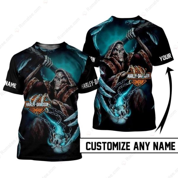 Personalized Name Harley-Davidson Grim Reaper Scythe And Blue Wing 3D All Over Print Shirt