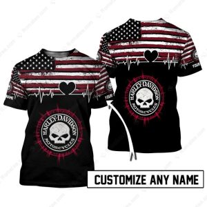 Personalized Name Harley-Davidson Patriotic Heartbeat Shirt, Willie G Skull And American Flag Design