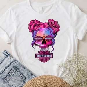 Pink Harley-Davidson Skull Messy Hair T-shirt