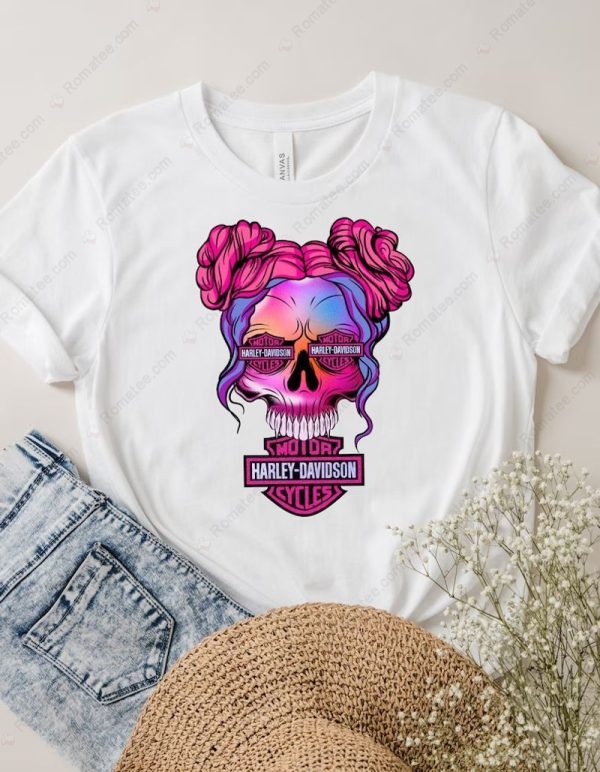 Pink Harley-Davidson Skull Messy Hair T-shirt