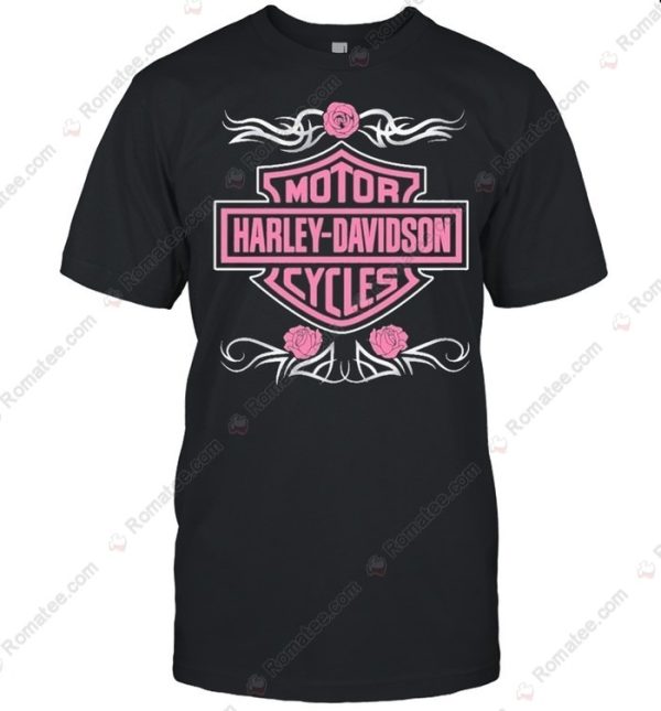 Pink Roses Harley-Davidson Shirt, Black with Pink Tribal Design