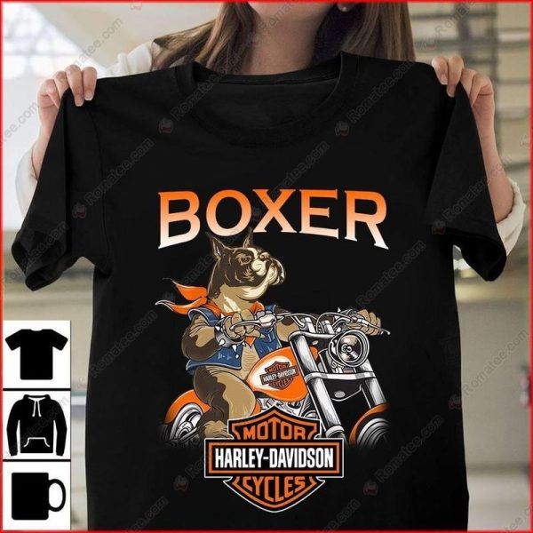 Playful Boxer Dog Riding Harley-Davidson Merch, Humorous Harley-Davidson T-Shirt